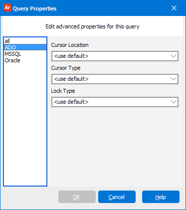 Query Properties dialog on the "ADO" tab